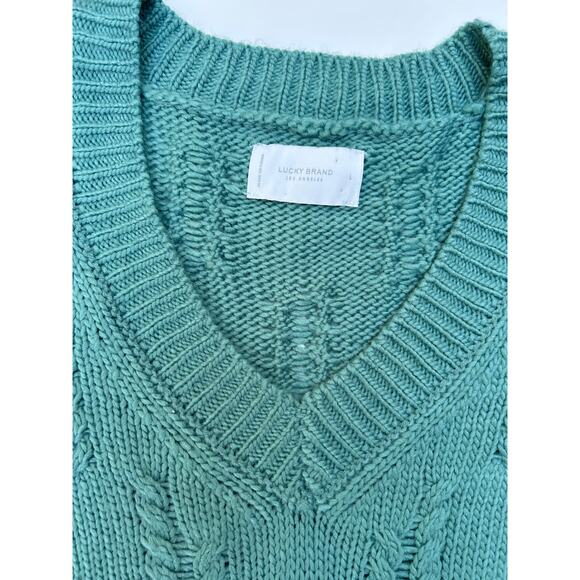 Lucky Green V Neck Cable Knit Sweater Oversize Split Slit Sides Size Large NWT - Picture 2 of 8